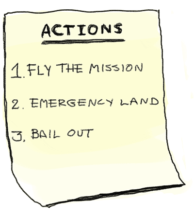 List showing 1. Fly the mission, 2. Emergency land, 3. Bail out