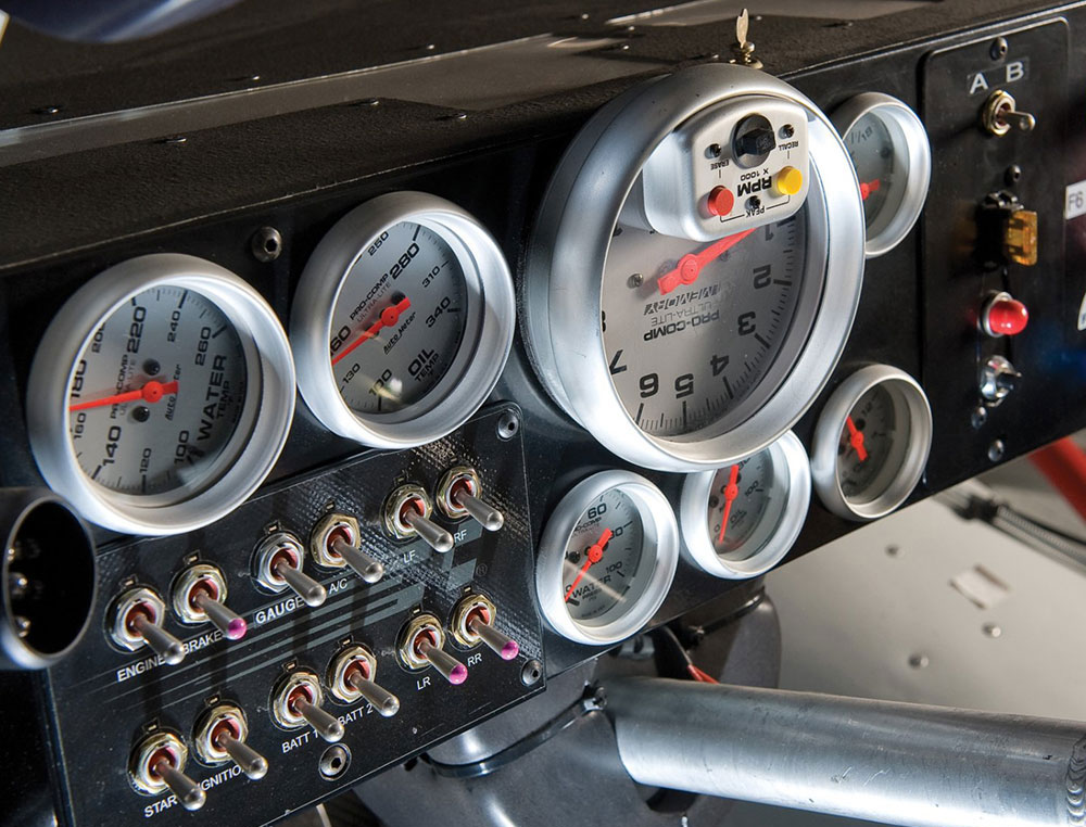 Race car dashboard showing rotated dials