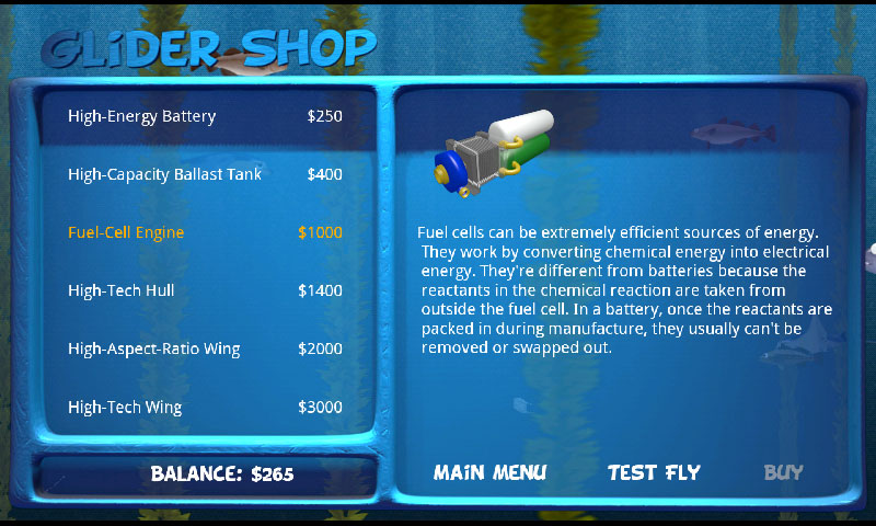 Glider shop menu