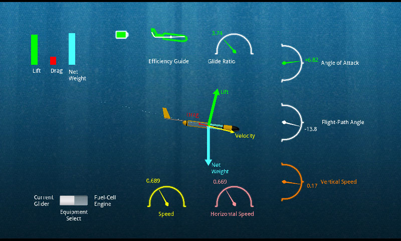 Free flight mode with instruments showing glider data